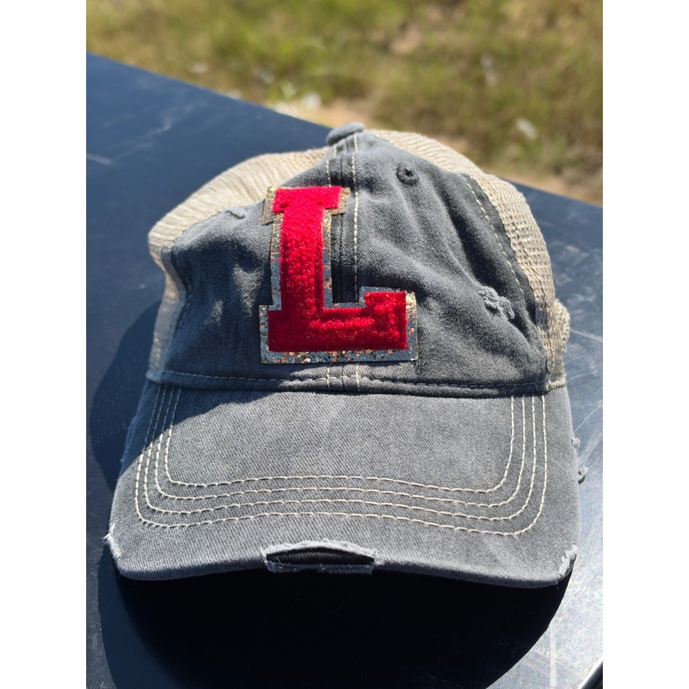 C.C Ponytail Trucker Hat Distressed Grey Tan Red Chenille Letter L Patch Cap
